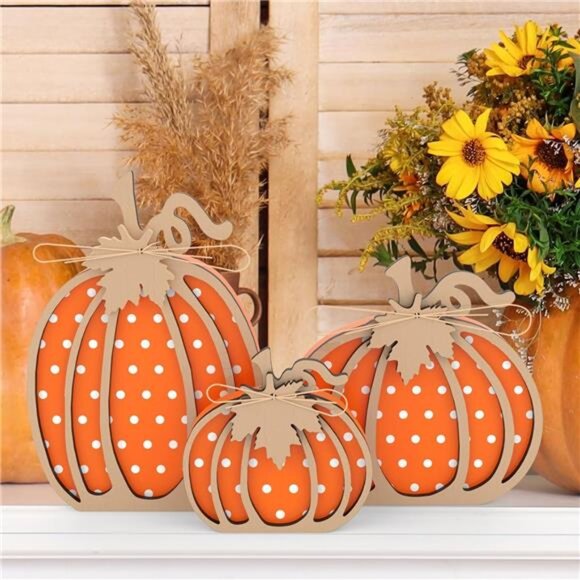 Fall Pumpkin Decor Thanksgiving Wooden Pumpkin Autumn Decorations Home Table Tie - Picture 6 of 8